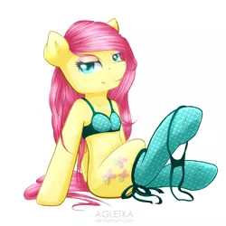 Size: 1200x1200 | Tagged: suggestive, artist:agletka, derpibooru import, fluttershy, pegasus, pony, semi-anthro, bedroom eyes, blue underwear, bra, bra on pony, breasts, clothes, colored pupils, come hither, delicious flat chest, eyeshadow, female, flattershy, grin, heart, heart print underwear, kneesocks, leaning, looking at you, makeup, mare, panties, panties around leg, panties pulled down, ribbon, simple background, sitting, smiling, socks, solo, solo female, sultry pose, underhoof, underwear, white background