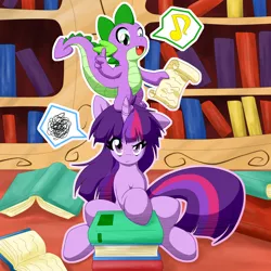 Size: 2000x2000 | Tagged: safe, artist:ragurimo, derpibooru import, spike, twilight sparkle, dragon, pony, unicorn, annoyed, bed mane, book, duo, fangs, female, golden oaks library, letter, looking up, mare, messy mane, music notes, open mouth, pony hat, raised eyebrow, singing, sitting, speech bubble, thought bubble, unicorn twilight