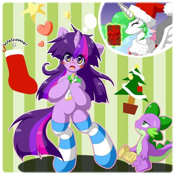 Size: 2000x2000 | Tagged: safe, artist:ragurimo, derpibooru import, princess celestia, spike, twilight sparkle, dragon, pony, semi-anthro, bipedal, christmas, christmas stocking, christmas tree, clothes, costume, cute, eyes closed, glowing horn, hat, heart, letter, magic, merry christmas, open mouth, pixiv, present, santa costume, santa hat, smiling, socks, standing, stockings, striped socks, thigh highs, thought bubble, tree, twiabetes