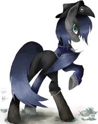 Size: 557x703 | Tagged: safe, artist:silviawing, artist:skylee, derpibooru import, oc, oc:silvia rhea wing, unofficial characters only, bat pony, pony, clothes, collaboration, looking back, nightpony, officer, pants, plot, simple background, solo, white background