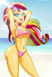 Size: 1536x2251 | Tagged: suggestive, artist:swagalicious-tony, derpibooru import, sunset shimmer, equestria girls, absolute cleavage, arm behind head, armpits, ass, beach, beach babe, belly button, big breasts, bikini, bikini babe, breasts, bunset shimmer, busty sunset shimmer, cleavage, clothes, colored pupils, curvy, female, large butt, lidded eyes, looking at you, pink swimsuit, sideass, smiling, solo, solo female, stupid sexy sunset shimmer, sunlight, swimsuit, the ass was fat, thong swimsuit, wide hips