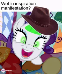 Size: 646x768 | Tagged: corrupted, cowboy hat, derpibooru import, green eyes, hat, inspirarity, inspiration manifestation, meme, possessed, rarity, safe, screencap, solo, stetson, text, what in tarnation