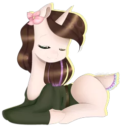 Size: 1511x1548 | Tagged: safe, artist:clefficia, derpibooru import, oc, oc:pastel, unofficial characters only, deer pony, hybrid, original species, pony, unicorn, art trade, clothes, eyes closed, female, flower, flower in hair, mare, prone, simple background, smiling, solo, transparent background