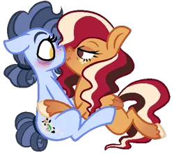 Size: 467x411 | Tagged: safe, artist:sugahfox, derpibooru import, oc, oc:raspberry cocoa, oc:rock-a-bye, unofficial characters only, earth pony, pegasus, pony, blushing, female, kissing, mare, simple background, solo, transparent background