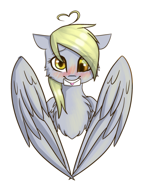 Size: 2200x2800 | Tagged: safe, artist:midnightedecho, derpibooru import, derpy hooves, pegasus, pony, blushing, bust, chest fluff, cute, derpabetes, female, floppy ears, high res, letter, looking at you, mare, mouth hold, simple background, solo, spread wings, transparent background