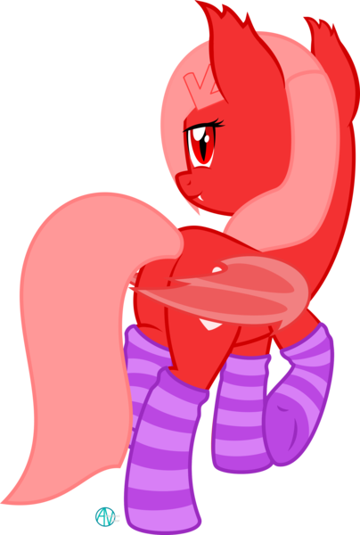 Size: 2026x3009 | Tagged: safe, alternate version, artist:arifproject, derpibooru import, vector edit, oc, oc:downvote, ponified, unofficial characters only, bat pony, pony, derpibooru, clothes, derpibooru ponified, fangs, hairclip, meta, rear view, simple background, socks, solo, striped socks, transparent background, vector