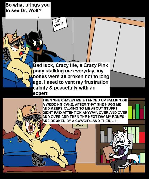 Size: 1489x1785 | Tagged: angry, annoyed, artist:eagc7, comic, derpibooru import, dialogue, frustrated, frustration, oc, oc:curly fries, oc:dr. wolf, safe, text, unofficial characters only
