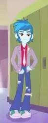 Size: 143x366 | Tagged: safe, derpibooru import, screencap, thunderbass, equestria girls, music to my ears, rainbow rocks, background human, clothes, jacket, male, necktie, pants, shoes, short, smiling, sneakers, solo, walking