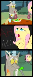 Size: 1433x3281 | Tagged: artist:eagc7, broccoli, carrot, comic, cup, cup of water, derpibooru import, dialogue, discord, fluttershy, food, fork, green bean, heart attack, parody, plate, plates, prank, safe, table, text, the penguins of madagascar, tomato, vegetables, water