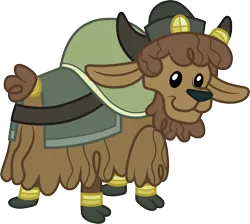 Size: 3349x3001 | Tagged: artist:cloudyglow, calf, cloven hooves, cute, derpibooru import, hat, horn ring, looking back, party pooped, safe, simple background, solo, transparent background, vector, yak, yak calf, young