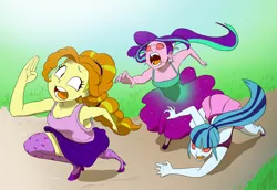 Size: 3669x2520 | Tagged: safe, artist:doublewbrothers, derpibooru import, adagio dazzle, aria blaze, sonata dusk, zombie, equestria girls, rainbow rocks, 28 days later, alternate costumes, chase, clothes, commission, dress, drool, infection, rage virus, running, skirt, tanktop, the dazzlings