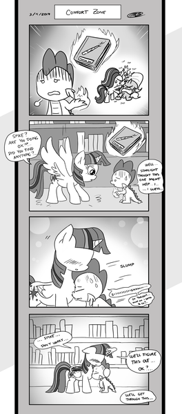 Size: 1451x3300 | Tagged: suggestive, artist:loreto-arts, derpibooru import, spike, starlight glimmer, trixie, twilight sparkle, twilight sparkle (alicorn), alicorn, dragon, pony, comic:friendship is innuendo, book, chest fluff, comic, female, fire magic, grayscale, hug, jealous, love triangle, magic, male, monochrome, shipping, sparlight, spixie, straight, twispike, wingding eyes