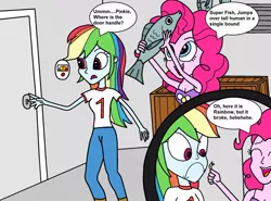 Size: 1024x759 | Tagged: safe, artist:eagc7, derpibooru import, pinkie pie, rainbow dash, fish, human, equestria girls, box, boxes, clothes, door, door handle, female, kenan and kel, parody, shirt, sleeveless, t-shirt, tanktop