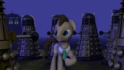 Size: 1920x1080 | Tagged: safe, artist:goatcanon, derpibooru import, doctor whooves, time turner, pony, 3d, crossover, dalek, doctor who, male, source filmmaker, stallion, tardis