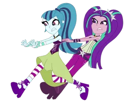 Size: 992x805 | Tagged: safe, artist:eagc7, derpibooru import, aria blaze, sonata dusk, equestria girls, angry, bare arms, bare shoulders, caught, clothes, clothes swap, dress, female, high heels, leggings, pigtails, ponytail, running, running away, running in place, scared, shoes, simple background, skirt, sleeveless, sleeveless dress, strapless, strapless shirt, the dazzlings, transparent background, twintails