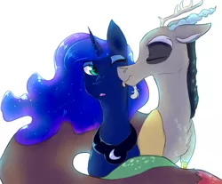 Size: 2300x1900 | Tagged: safe, artist:shiny-cooler, derpibooru import, discord, princess luna, face licking, female, licking, lunacord, male, shipping, simple background, straight, tongue out, white background