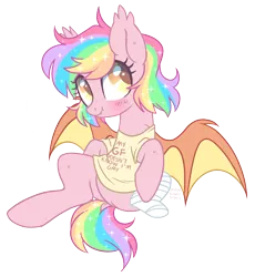 Size: 2250x2443 | Tagged: safe, artist:hawthornss, derpibooru import, oc, oc:paper stars, unofficial characters only, bat pony, pony, amputee, bandage, bat pony oc, blatant lies, blushing, clothes, cute, dock, ear fluff, female, glitterstars, implied lesbian, mare, missing limb, moonsugar is trying to kill us, scrunchy face, shirt, simple background, sitting, solo, spread wings, stump, sweat, transparent background, weapons-grade cute