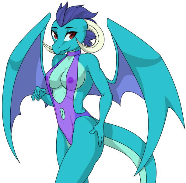 Size: 1635x1605 | Tagged: absolute cleavage, anthro, artist:up1ter, belly button, breasts, busty princess ember, cleavage, clothes, derpibooru import, dragon, female, looking at you, navel cutout, nipples, nudity, one-piece swimsuit, open-back swimsuit, princess ember, questionable, see-through, simple background, smiling, solo, solo female, swimsuit, transparent background