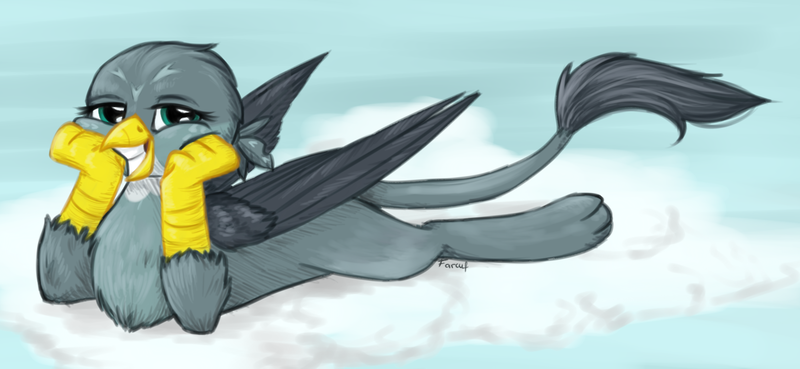 Size: 1280x591 | Tagged: safe, artist:farcuf, derpibooru import, gabby, gryphon, cloud, grin, hands on cheeks, lidded eyes, looking at you, lying down, signature, smiling, solo, wings