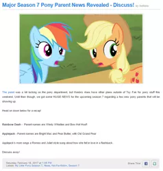 Size: 671x705 | Tagged: safe, derpibooru import, screencap, applejack, bow hothoof, bright mac, old grand pear, pear butter, rainbow dash, windy whistles, earth pony, pegasus, pony, equestria daily, parental glideance, the perfect pear, spoiler:s07, applejack's parents, duo, female, freckles, frown, hat, looking at you, mare, op is a slowpoke, open mouth, romeo and juliet, song, text