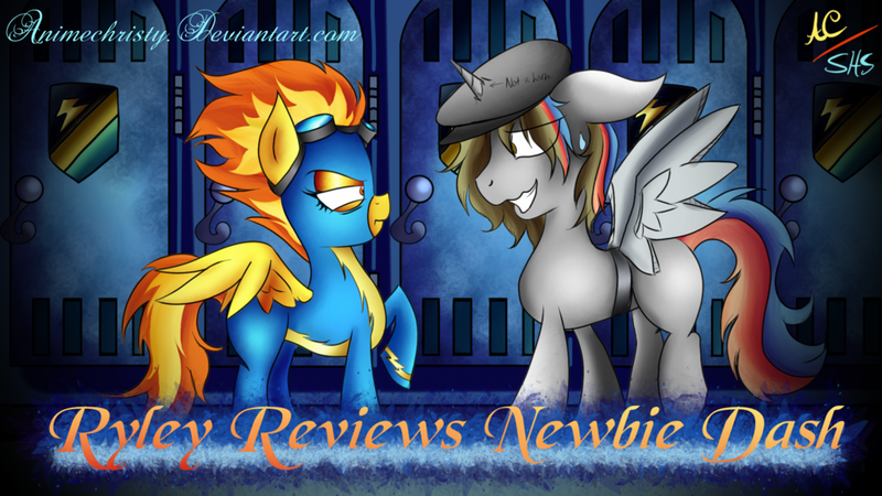 Size: 1024x576 | Tagged: safe, artist:animechristy, derpibooru import, spitfire, oc, alicorn, pegasus, pony, newbie dash, alicorn oc, clothes, duo, grin, looking at each other, male, multicolored hair, nervous, nervous grin, smiling, stallion, title card, unamused, uniform, wonderbolts uniform