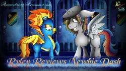 Size: 1024x576 | Tagged: safe, artist:animechristy, derpibooru import, spitfire, oc, alicorn, pegasus, pony, newbie dash, alicorn oc, clothes, duo, grin, looking at each other, male, multicolored hair, nervous, nervous grin, smiling, stallion, title card, unamused, uniform, wonderbolts uniform