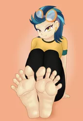 Size: 690x1010 | Tagged: suggestive, anonymous artist, derpibooru import, indigo zap, human, equestria girls, barefoot, feet, foot fetish, foot focus, looking at you, sitting, soles, solo, spread toes, stupid sexy indigo zap, toes