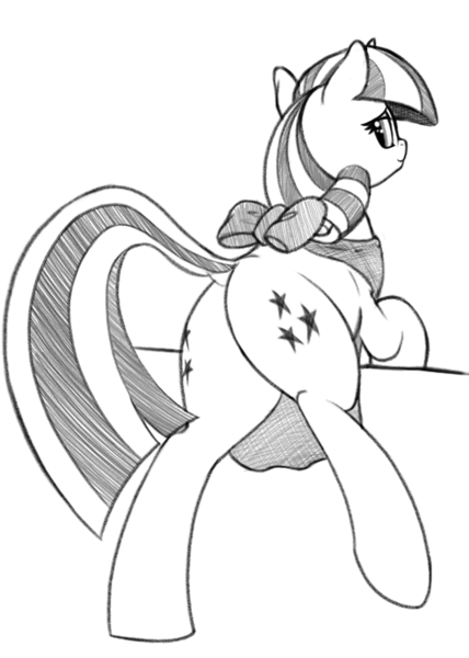 Size: 785x1101 | Tagged: dead source, safe, artist:graboiidz, derpibooru import, twilight velvet, pony, unicorn, apron, both cutie marks, clothes, image, monochrome, plot, png, solo