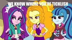 Size: 1280x720 | Tagged: safe, artist:leviarex, derpibooru import, edit, edited screencap, screencap, adagio dazzle, aria blaze, sonata dusk, equestria girls, rainbow rocks, gem, image macro, imminent tickles, implied tickling, meme, siren gem, smiling, smirk, the dazzlings, tickling