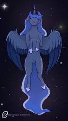 Size: 1080x1920 | Tagged: safe, artist:obscuredragone, derpibooru import, princess luna, alicorn, pony, alone, clothes, crying, floppy ears, flying, horn, night, sad, shoes, solo, space, stars, to the moon, wings