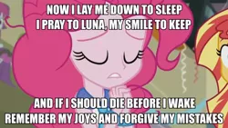 Size: 900x507 | Tagged: safe, derpibooru import, screencap, pinkie pie, sunset shimmer, equestria girls, friendship games, bracelet, jewelry, necktie, pinkie pie praying, praying