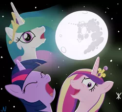 Size: 3000x2750 | Tagged: safe, alternate version, artist:nuka-kitty, derpibooru import, princess cadance, princess celestia, twilight sparkle, alicorn, pony, unicorn, mare in the moon, meme, moon, three wolf moon