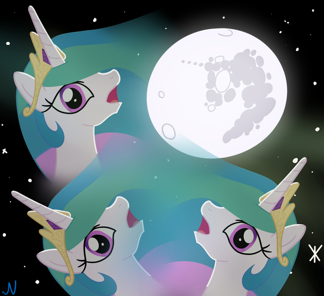 Size: 3000x2750 | Tagged: safe, alternate version, artist:nuka-kitty, derpibooru import, princess celestia, alicorn, pony, crown, female, jewelry, mare, mare in the moon, moon, open mouth, princess celestia being deep, regalia, space, stars, three wolf moon