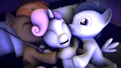 Size: 3840x2160 | Tagged: suggestive, artist:viranimation, derpibooru import, button mash, rumble, sweetie belle, earth pony, pegasus, pony, unicorn, 3d, bondage, colt on filly, eyes closed, female, filly on colt, giggling, horn ring, hug, hug sandwich, kiss on the cheek, kiss on the head, kiss sandwich, kissing, magic suppression, male, rope, rumbelle, shipping, source filmmaker, straight, sweetie belle gets all the colts, sweetiemash, threesome, tied up