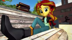 Size: 1600x900 | Tagged: safe, artist:oudieth, derpibooru import, sunset shimmer, equestria girls, 3d, bench, boots, clothes, cute, gmod, high heel boots, jacket, leather jacket, legs, looking at you, pants, sitting, smiling, solo
