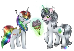 Size: 1024x712 | Tagged: safe, artist:northlights8, derpibooru import, oc, unofficial characters only, pony, unicorn, blushing, bouquet, female, magic, male, mare, oc x oc, shipping, simple background, stallion, straight, telekinesis, transparent background