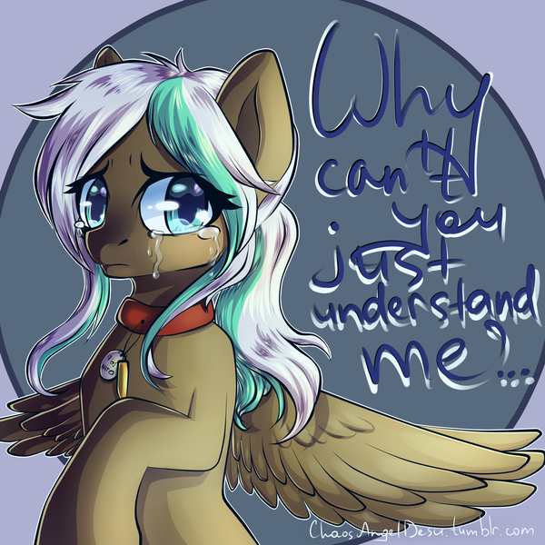 Size: 2000x2000 | Tagged: safe, artist:chaosangeldesu, derpibooru import, oc, oc:lynn, unofficial characters only, pegasus, pony, abstract background, collar, crying, female, mare, solo, spread wings