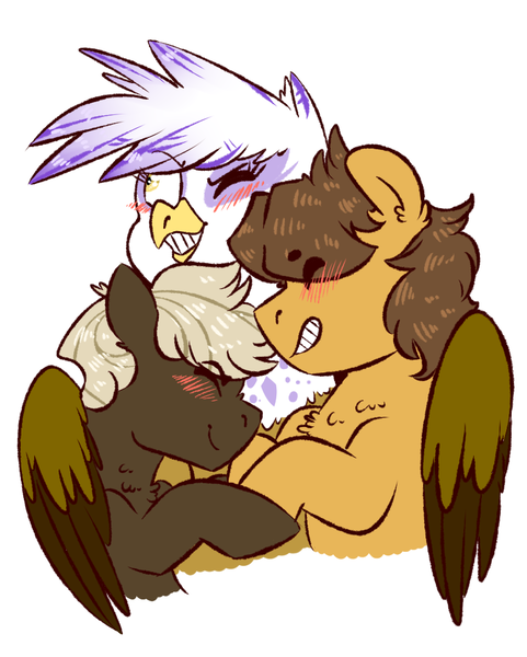 Size: 816x1017 | Tagged: safe, artist:soft-arthropod, derpibooru import, dumbbell, gilda, hoops, gryphon, blushing, chest fluff, crack shipping, dumbhoops, gildabell, gildahoops, hug, interspecies, polyamory, shipping, winghug