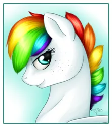Size: 1500x1700 | Tagged: safe, artist:puggie, derpibooru import, oc, oc:drip drop, unofficial characters only, bust, freckles, portrait, rainbow hair, solo
