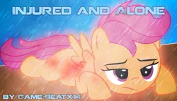 Size: 1837x1049 | Tagged: artist:game-beatx14, artist:tgolyi, blood, derpibooru import, fanfic, fanfic art, fimfiction, fimfiction.net link, rain, safe, scootaloo, solo, story in the source
