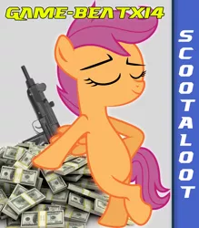 Size: 1750x2000 | Tagged: artist:deadparrot22, artist:game-beatx14, derpibooru import, fanfic, fanfic art, fimfiction, fimfiction.net link, gun, money, safe, scootaloo, solo, story in the source, weapon