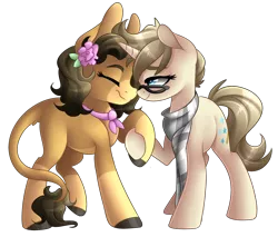 Size: 2030x1728 | Tagged: safe, artist:scarlet-spectrum, derpibooru import, oc, oc:ayla, oc:rosabelle, unofficial characters only, mule, pony, unicorn, clothes, commission, cute, eyes closed, female, flower, flower in hair, holding hooves, lesbian, mare, scarf, simple background, smiling, transparent background