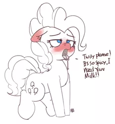 Size: 5046x5440 | Tagged: suggestive, artist:pabbley, derpibooru import, pinkie pie, earth pony, pony, absurd resolution, blushing, dialogue, drool, ear blush, female, floppy ears, implied twilight sparkle, innuendo, lesbian, lidded eyes, mare, monochrome, open mouth, partial color, shipping, simple background, solo, solo female, spicy, twinkie, white background