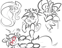 Size: 1280x989 | Tagged: artist:leadhooves, butterfly, derpibooru import, eating, fluttershy, food, glasses, monochrome, oc, oc:kneaded rubber, pinkie pie, rarity, sandwich, sketch, sketch dump, suggestive