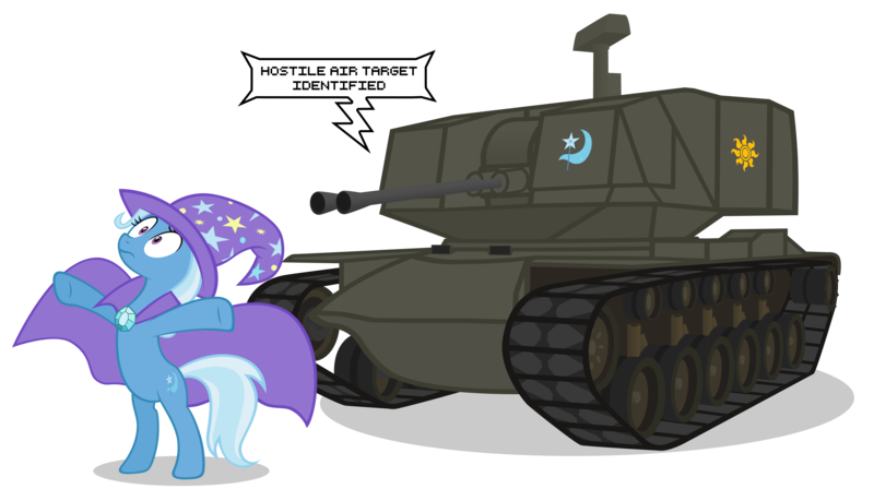 Size: 10000x5600 | Tagged: safe, artist:mrlolcats17, derpibooru import, trixie, pony, unicorn, absurd resolution, female, friendly fire, m247 sergeant york, mare, simple background, speech bubble, surprised, tank (vehicle), this will not end well, transparent background, vector