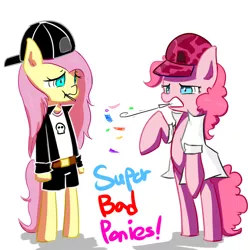 Size: 2000x2000 | Tagged: safe, artist:pinkieeighttwo, derpibooru import, fluttershy, pinkie pie, pony, semi-anthro, backwards ballcap, baseball cap, belt, candy, cap, clothes, confetti, food, hat, jacket, lollipop, noisemaker, shirt, shorts