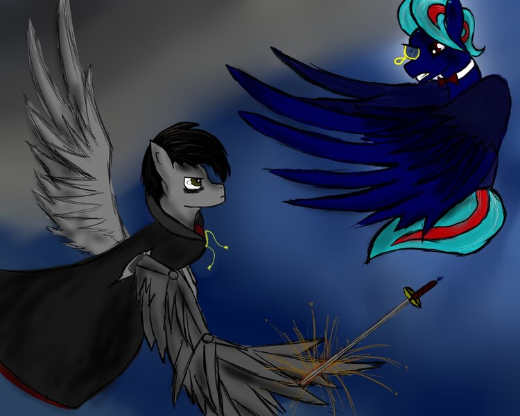 Size: 1280x1024 | Tagged: safe, artist:lxden, derpibooru import, oc, oc:hell fire, oc:hellfire, unofficial characters only, pegasus, pony, fanfic, anghry, artificial wings, augmented, bowtie, brothers, clothes, fanfic art, fight, flying, gentlepony, magic, mechanical wing, monocle, sword, telekinesis, weapon, wings