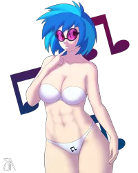 Size: 2400x3000 | Tagged: abs, artist:souladdicted, belly button, bra, breasts, busty vinyl scratch, cleavage, clothes, cutie mark underwear, derpibooru import, female, finger to mouth pose, hand on hip, human, human coloration, humanized, looking at you, panties, pinup, pose, simple background, solo, solo female, strapless bra, stupid sexy vinyl, suggestive, transparent background, underwear, vinyl scratch, white underwear