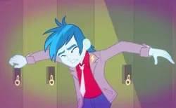 Size: 780x480 | Tagged: safe, derpibooru import, screencap, thunderbass, equestria girls, music to my ears, rainbow rocks, background human, clothes, eyes closed, jacket, male, necktie, solo