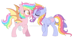 Size: 1600x821 | Tagged: safe, artist:centchi, derpibooru import, oc, oc:glittering cloud, oc:paper stars, unofficial characters only, bat pony, pony, amputee, bat pony oc, blushing, boop, eyes closed, female, glitterstars, lesbian, mare, missing limb, noseboop, oc x oc, shipping, simple background, stump, transparent background, watermark